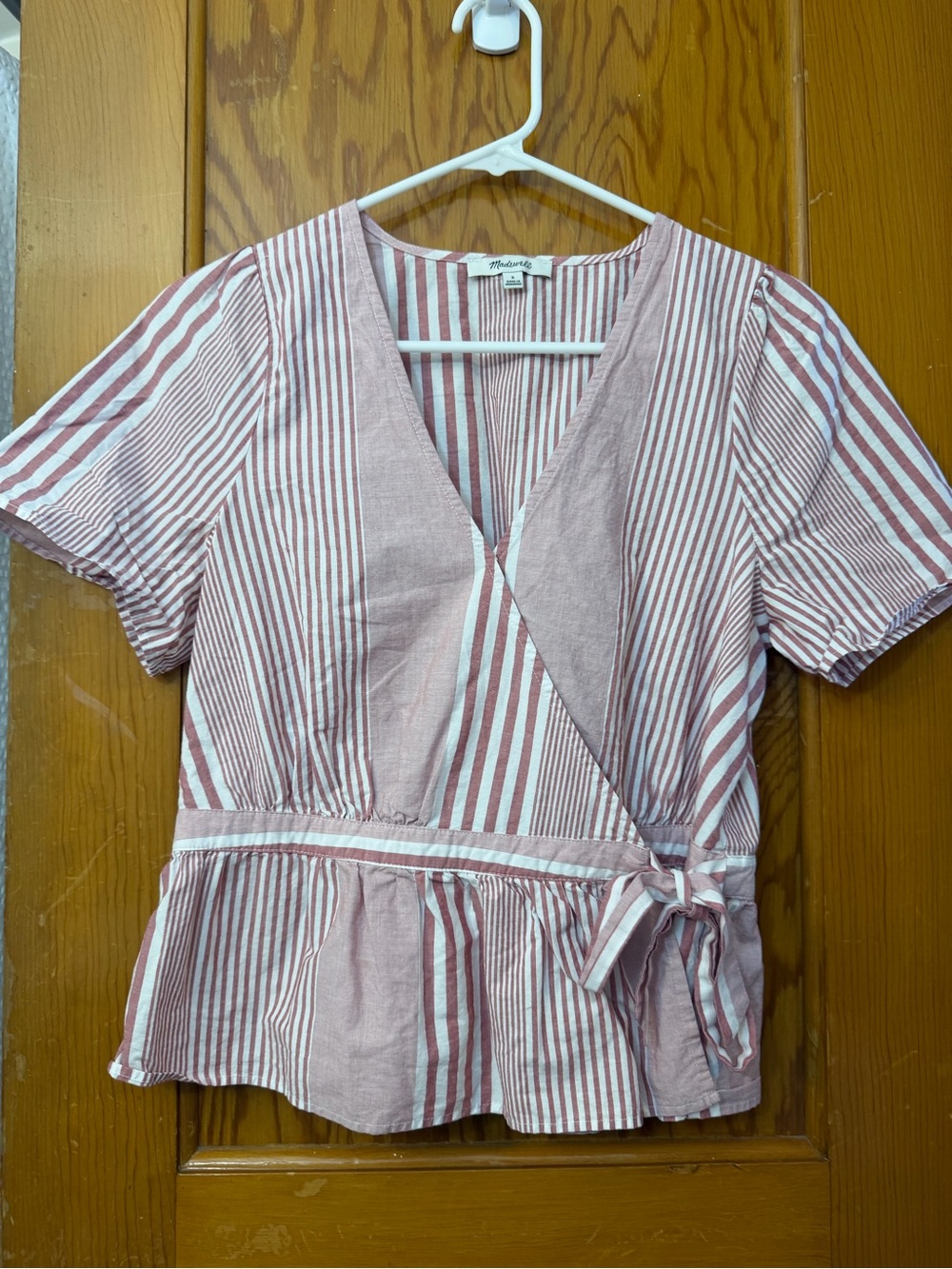 Madewell Stripe Mix Ruffle Hem Wrap Top - Faded Red & Neutral Stripe - Size S